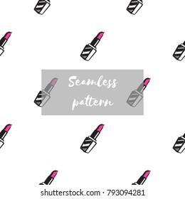 Professional makeup artist background. Vector seamless pattern with lipstick, makeup lipstick, red lips mouth. Hand drawn fashion art illustration in fashion style.
