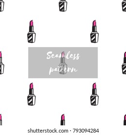 Professional makeup artist background. Vector seamless pattern with lipstick, makeup lipstick, red lips mouth. Hand drawn fashion art illustration in fashion style.