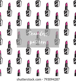 Professional makeup artist background. Vector seamless pattern with lipstick, makeup lipstick, red lips mouth. Hand drawn fashion art illustration in fashion style.