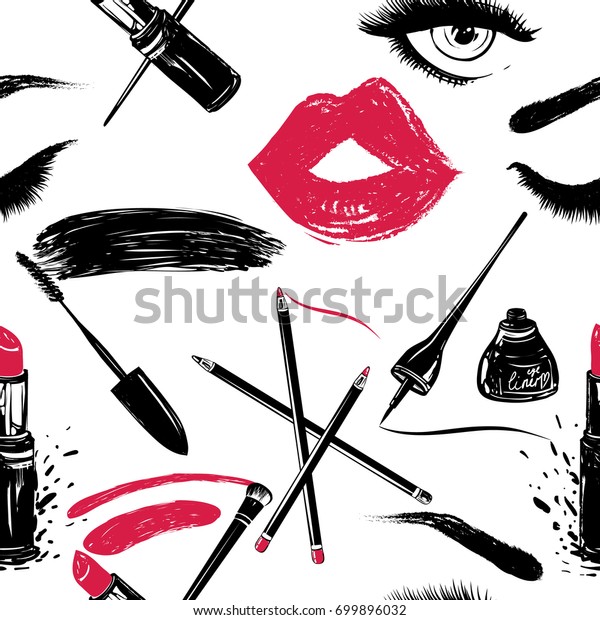 プロのメイクアップアーティストの背景 マスカラ ワンド 口紅とブラシ メークアップ鉛筆 アイライナーストローク 女性の目 赤い唇のベクターシームレスな模様 ファッションイラスト のベクター画像素材 ロイヤリティフリー