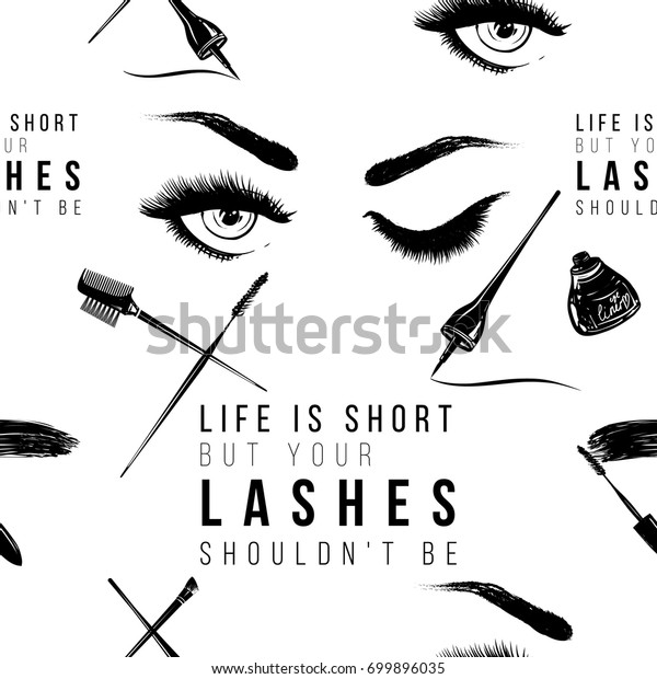Professional makeup artist background. Vector
seamless pattern with makeup tools and signs, life is short but
your lashes shouldn't be text. Hand drawn fashion illustration in
watercolor style.