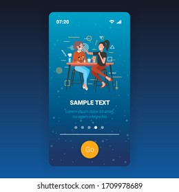 professional makeup artist doing make-up with brush for beautiful girl in salon beauty concept smartphone screen mobile app copy space full length vector illustration