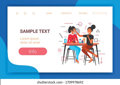 professional makeup artist doing make-up with brush for beautiful girl in salon beauty concept horizontal copy space full length vector illustration