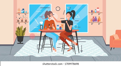 professional makeup artist doing make-up with brush for beautiful girl beauty concept modern salon interior full length horizontal vector illustration