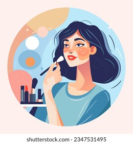 Artista de maquillaje profesional haciendo maquillaje con pincel para hermosa ilustración vectorial de muchacha joven. Tienda de belleza, salón de exposición de arte. Industria de la moda y la belleza. Para logo, afiche, resaltados, pancarta.