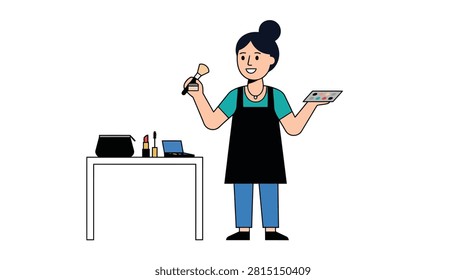 Professional makeup artist holding brushes and palette with cosmetics, makeover
