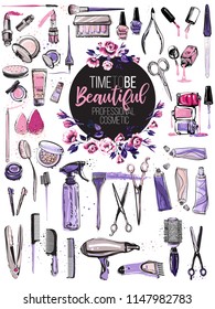 Professional makeup artist tool set. Tools for hair cut, coloring, hairdressing, styling, makeup, manicure and nail art. Equipment collection with scissor, comb, cosmetic tubes in watercolor style.