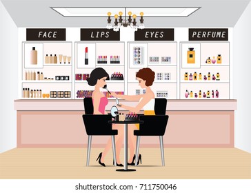 Professional makeup artist working with makeup brush on model beautiful young woman, Fashion and cosmetic vector illustration.