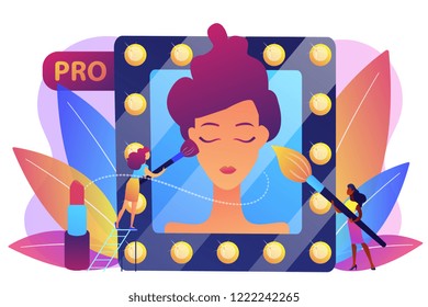 Professional makeup artists applying make up with brush on woman face in mirror. Professional makeup, pro makeup artistry, makeup artist work concept. Bright vibrant violet vector isolated