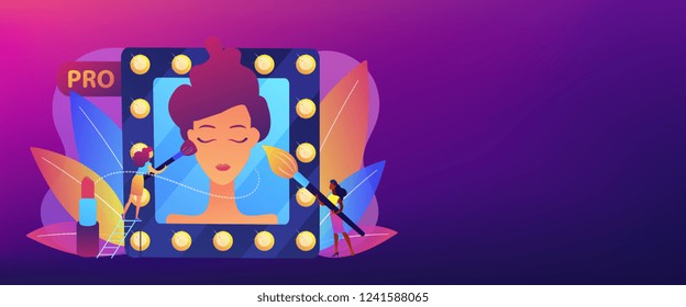 Professional makeup artists applying make up with brush on woman face in mirror. Professional makeup, pro artistry, makeup artist work concept. Header or footer banner template with copy space.