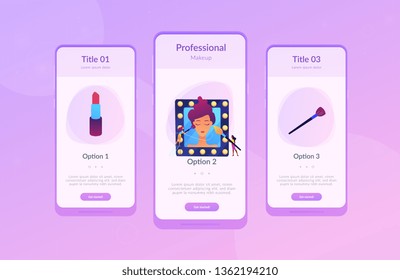 Artistas de maquillaje profesional que aplican maquillaje con pincel sobre la cara de la mujer en el espejo. El concepto de maquillaje profesional, proartesanía, maquillaje artístico. Plantilla de interfaz de usuario de usuario de Mobile UX GUI, wireframe de interfaz de aplicación