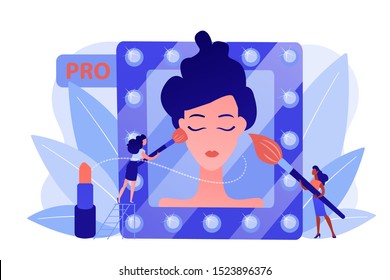 Professional makeup artists applying make up with brush on woman face in mirror. Professional makeup, pro artistry, makeup artist work concept. Pinkish coral bluevector isolated illustration