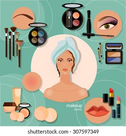 Professional make-up beautiful woman face model face skin makeup liner lipstick mascara cosmetics glamorous vector illustration 