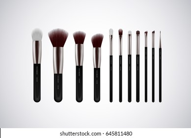 Professional Makeup Brushes kit. For concealer Powder Blush, Eye Shadow or Brow isolated. Brand templates.