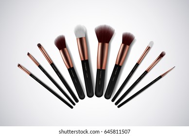Professional Makeup Brushes kit. For concealer Powder Blush, Eye Shadow or Brow isolated. Brand templates.
