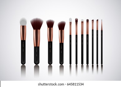 Professional Makeup Brushes kit. For concealer Powder Blush, Eye Shadow or Brow isolated. Brand templates.