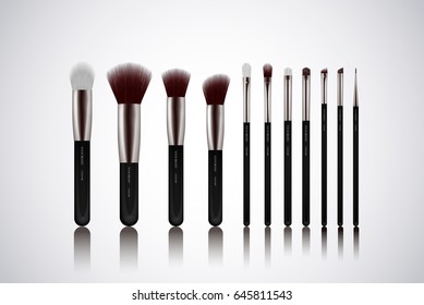 Professional Makeup Brushes kit. For concealer Powder Blush, Eye Shadow or Brow isolated. Brand templates.