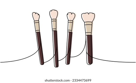 Professional makeup brushes one line colored continuous drawing. Makeup and beauty tools continuous one line illustration. Vector linear illustration