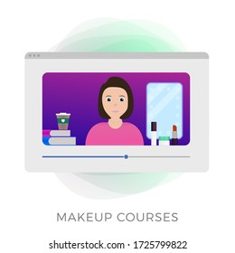 Professional Makeup Courses or Tutorial and distance stylist service concept. Female character in beauty salon with a mirror and personal care products. Vector isolated concept illustration icon