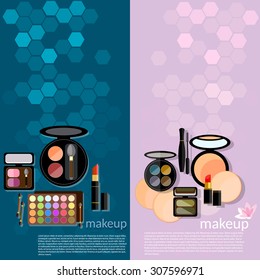 Professional make-up glamor details colorful  cosmetology eye shadows palett makeover vector banners 