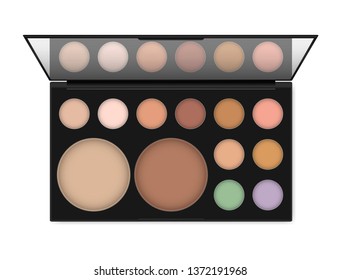 Professional make-up palette isolated on white background, realistic illustration. Eyeshadow or concealer, powder kit. Open makeup case with mirror, vector template.