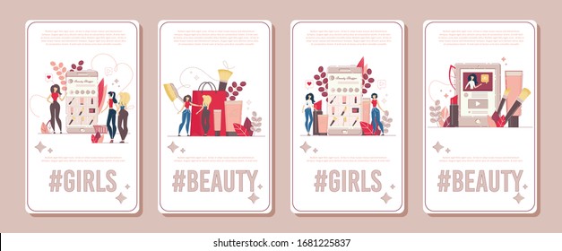 Professional Makeup Service, Cosmetology Consultant, Beauty Video Content Creator Vertical Banner, Poster Set. Beauty Blogger Recommending Cosmetics Products to Subscriber Flat Vector Illustration