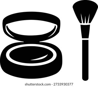 Ícone do conjunto de maquiagem profissional com pó aberto compacto e silhueta de escova de vaidade para beleza e marca cosmética