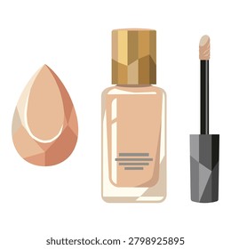 Professional makeup tools set featuring liquid foundation glass bottle beauty blending sponge and concealer wand applicator.