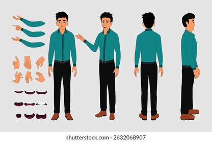 Professional Male Best Cartoon Character in Shirt  Sheet for 2D Vector Animation, Front, Back And Side Views