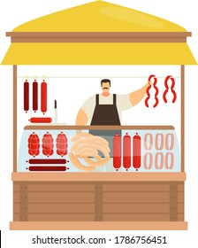 Professional male character butcher store, trade meat product and sausage, street kiosk to sell semi finished mince isolated on white, flat vector illustration. Concept urban marketplace food.