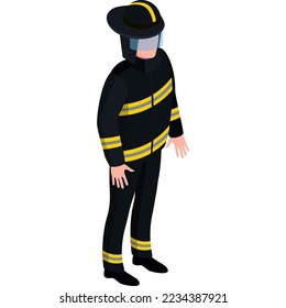 Professional male character fireman extinguish fire standing with water hose isolated on white, isometric vector illustration.