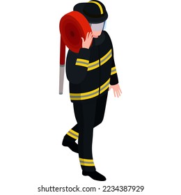 Professional male character fireman extinguish fire standing with water hose isolated on white, isometric vector illustration.