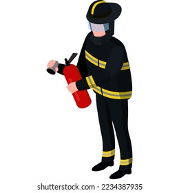 Professional male character fireman standing with extinguisher isolated on white, isometric vector illustration. Man firefighter full suit.