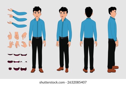 Professional Male Character in Shirt Sheet for 2D Vector Animation, Front, Back And Side Views
