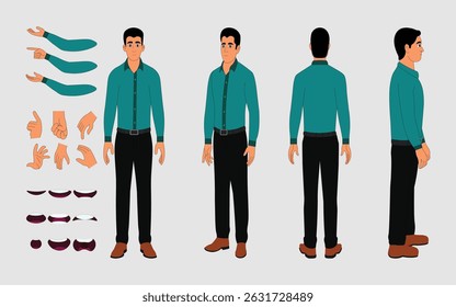 Professional Male Character in Shirt and Trousers Turnaround Sheet for 2D Vector Animation, Front, Back And Side Views, Realistic 2D Character .eps