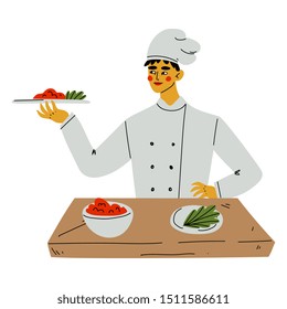 Professional Male Chef Serving Dishes, Kitchener Character Wearing Classic Traditional White Uniform Working in Restaurant or Cafe Vector Illustration