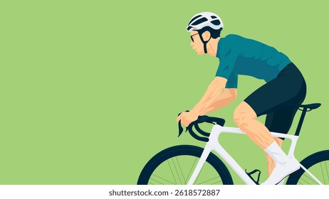 Ciclista profissional do sexo masculino vestindo uma camisa azul-petróleo e capacete branco, andando de bicicleta de estrada branca contra um fundo verde. Perfeito para promover esportes de ciclismo.Ilustração vetor com copyspace