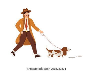 Un detective masculino profesional con perro corredizo se dedica a la investigación de delitos o a la búsqueda de pruebas. Investigador privado, agente misterioso o espía siguen las huellas. Ilustración vectorial.