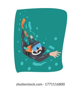 Professional Male Diver in Wetsuit, Snorkel, Mask and Flippers Diving in the Sea, Extreme Water Sport Cartoon Style Vector Illustration