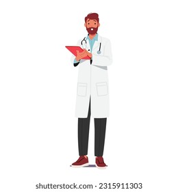 Portapapeles Profesional De Médico Masculino, Listo Para Evaluar Y Registrar Información Médica. Médicos Conocidos Que Proporcionan Atención De Calidad Y Experiencia A Los Pacientes. Ilustración del vector de dibujos animados