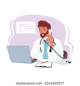 Professional Male Doctor Character Multitasking With A Laptop And Phone, Efficiently Managing Patient Records And Communication. Efficient Healthcare Practice. Cartoon People Vector Illustration