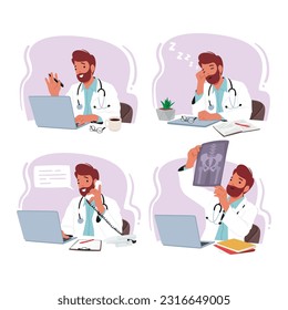 Professional Male Doctor Character Using A Laptop For Medical Research, Patient Records, And Staying Up-to-date With The Latest Advancements In Healthcare. Cartoon People Vector Illustration