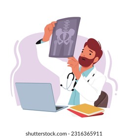 Professional Male Doctor Character Utilizing A Laptop To Analyze An X-ray Image. Demonstrating Expertise And Modern Technology In Medical Diagnostics. Cartoon People Vector Illustration