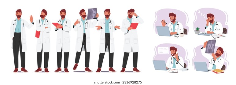 Professional Male Doctor Character In White Lab Coat With Stethoscope, Clipboard, X-ray and Laptop, Man Medic Providing Medical Expertise And Care To Patients. Cartoon People Vector Illustration