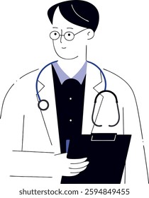 Professional male doctor with stethoscope and clipboard, healthcare illustration.