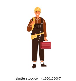 Professional male electrician with toolbox and electrical wire vector flat illustration. Industrial worker or repairman in uniform and hard hat isolated. Smiling lineman holding equipment