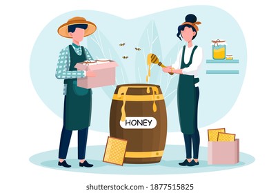 Professional male farmer with hive and honey. Concept of countryside organic product. Apiary worker, beekeeping and honey production. Flat cartoon vector illustration