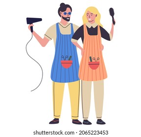 Professional male and female barber characters, smiling hairdressers stand together hug isolated on white. Hairdressing salon workers, hair studio service cartoon couple with hairdryer and comb