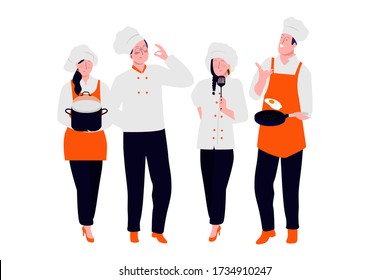 Chefs profesionales de ambos sexos trabajan juntos en la cocción de cocinas para clientes con un moderno concepto de ilustración vectorial plana de chef profesional.