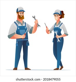 Professional male and female mechanic holding spanner and screwdriver cartoon characters